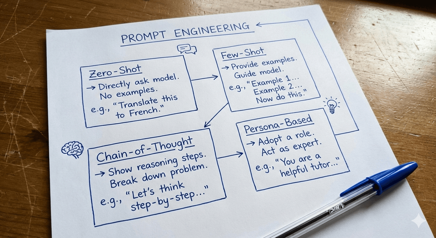 Handwritten notes on prompt engineering techniques including zero-shot, few-shot, chain-of-thought, and persona-based prompting, drawn with blue pen on lined paper