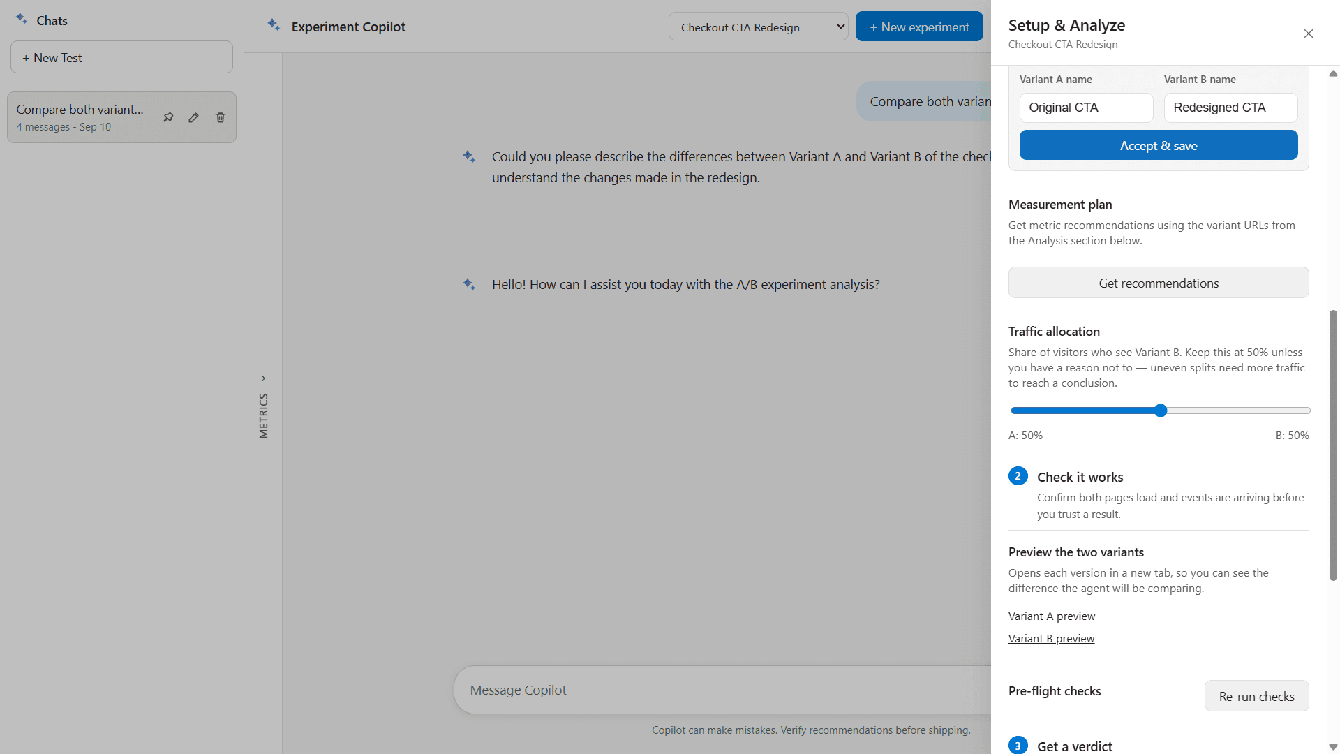 The Apply Recommendation modal: verdict, confidence, and the option to update the traffic split.